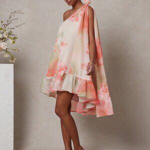 Pastel Pink Boho Women's Flowy Floral One Shoulder Mini Dress